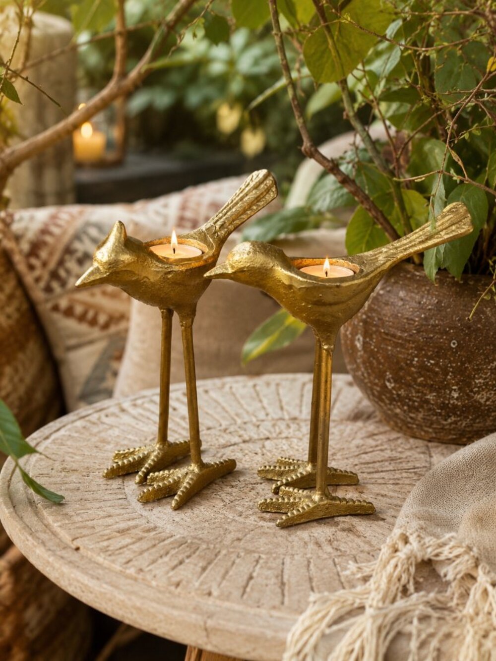 2 Cast Iron Songbird Bird Tea Light Candle Holders Rustic Whimsical Boho Gold